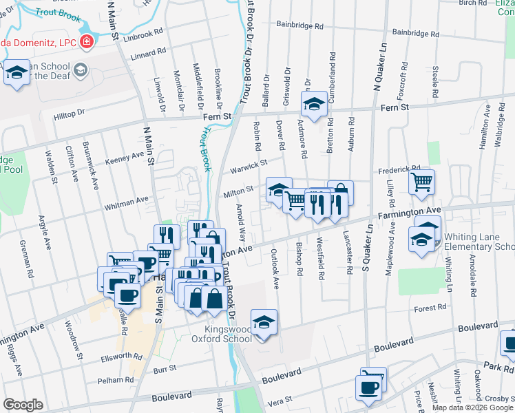 map of restaurants, bars, coffee shops, grocery stores, and more near 29 Robin Road in West Hartford