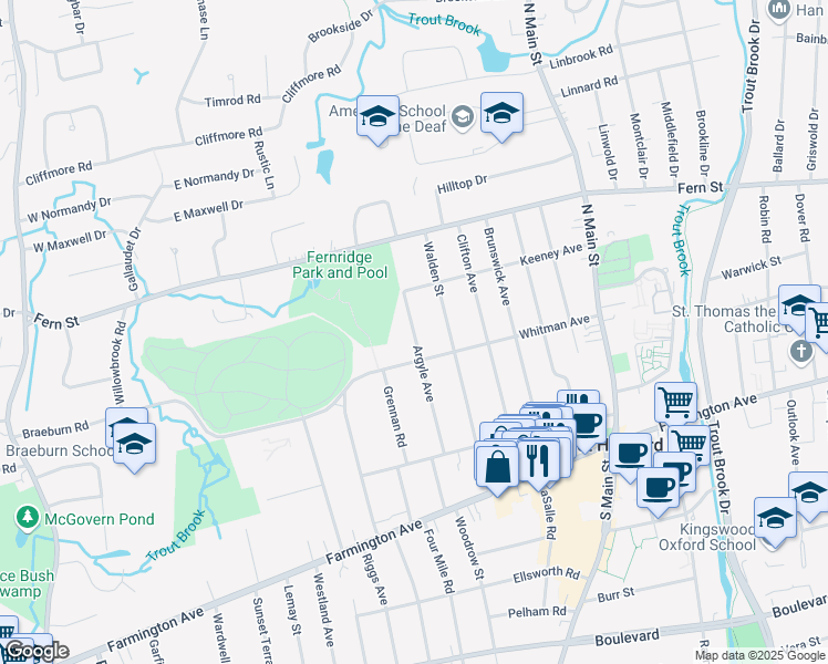 map of restaurants, bars, coffee shops, grocery stores, and more near 166 Whitman Avenue in West Hartford