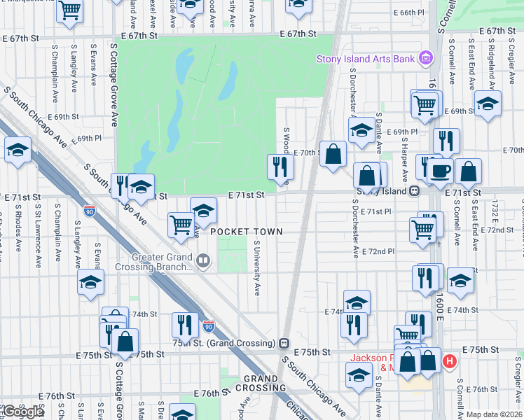 map of restaurants, bars, coffee shops, grocery stores, and more near 7149 South University Avenue in Chicago