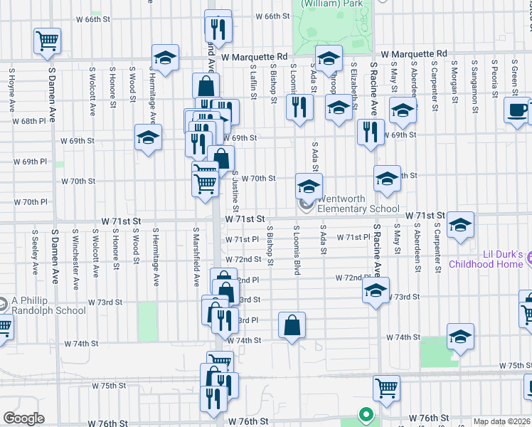 map of restaurants, bars, coffee shops, grocery stores, and more near 1501 West 71st Street in Chicago