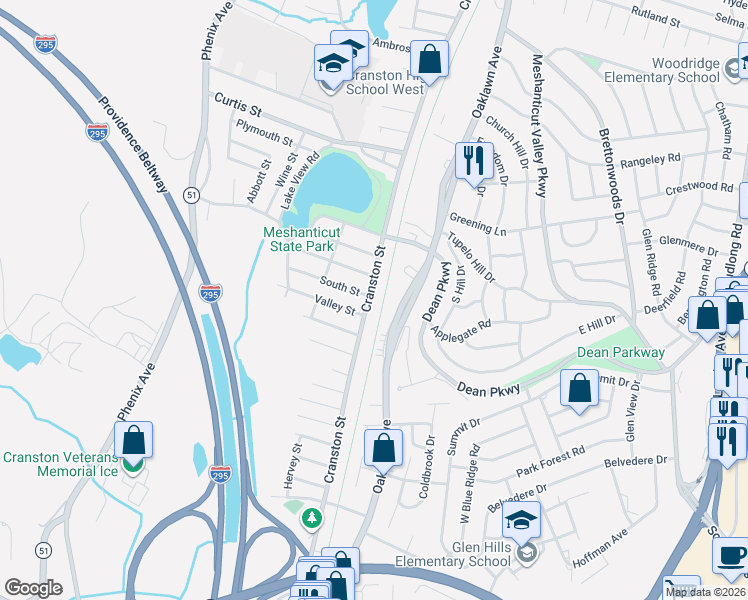map of restaurants, bars, coffee shops, grocery stores, and more near 2270 Cranston Street in Cranston