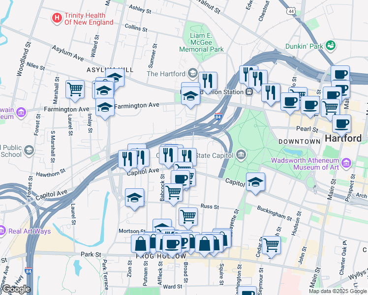 map of restaurants, bars, coffee shops, grocery stores, and more near in Hartford