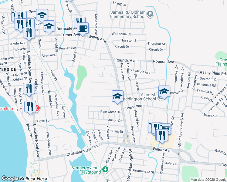 map of restaurants, bars, coffee shops, grocery stores, and more near 14 Winthrop Street in East Providence