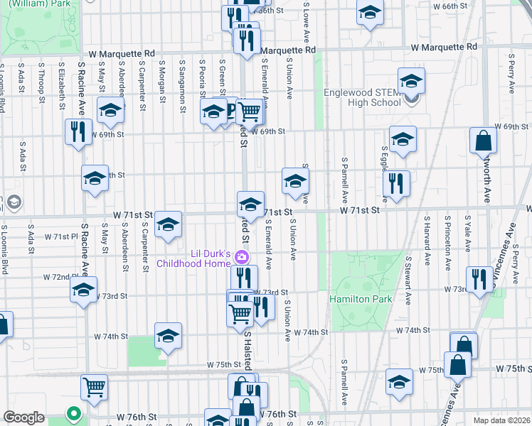 map of restaurants, bars, coffee shops, grocery stores, and more near West 71st Street & South Emerald Avenue in Chicago