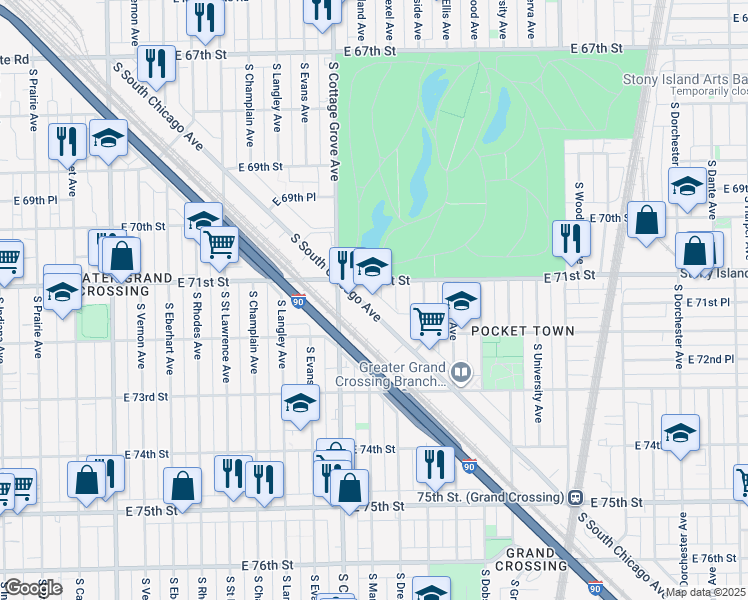 map of restaurants, bars, coffee shops, grocery stores, and more near 7131 S South Chicago Avenue in Chicago