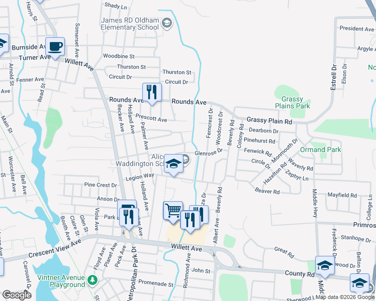 map of restaurants, bars, coffee shops, grocery stores, and more near 4 Breeze Way in East Providence
