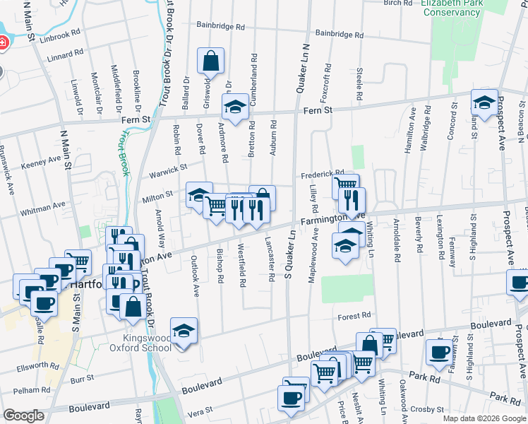 map of restaurants, bars, coffee shops, grocery stores, and more near in West Hartford
