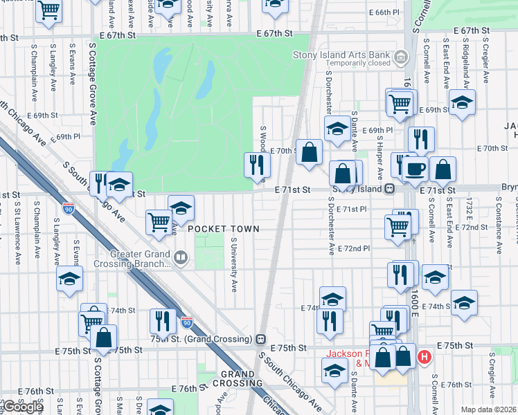 map of restaurants, bars, coffee shops, grocery stores, and more near 7147 South Woodlawn Avenue in Chicago