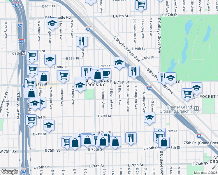 map of restaurants, bars, coffee shops, grocery stores, and more near 7141 South Vernon Avenue in Chicago