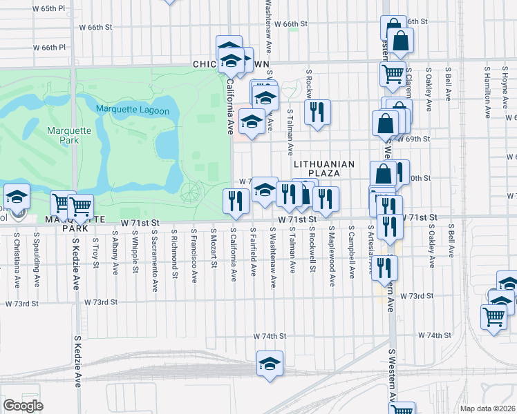 map of restaurants, bars, coffee shops, grocery stores, and more near 2719 West 71st Street in Chicago