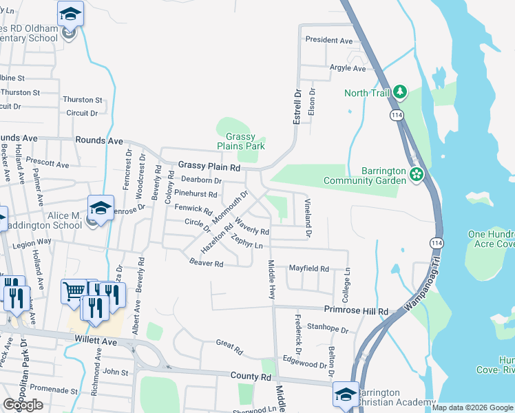 map of restaurants, bars, coffee shops, grocery stores, and more near 6 Hickory Lane in Barrington