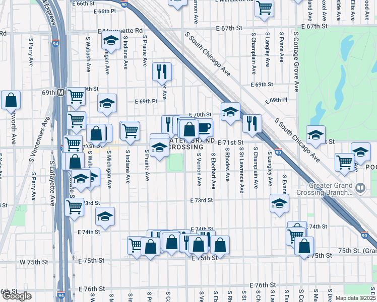 map of restaurants, bars, coffee shops, grocery stores, and more near 7113 South Doctor Martin Luther King Junior Drive in Chicago