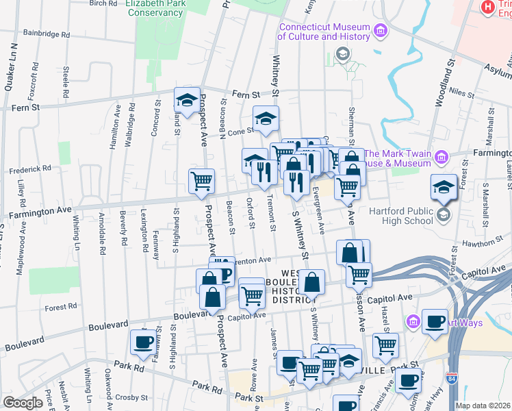 map of restaurants, bars, coffee shops, grocery stores, and more near 63 Tremont Street in Hartford