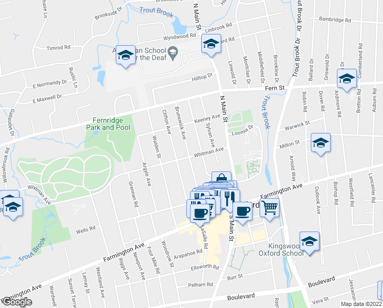 map of restaurants, bars, coffee shops, grocery stores, and more near 66 Whitman Avenue in West Hartford
