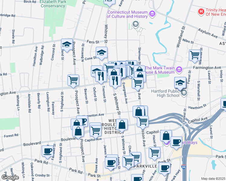 map of restaurants, bars, coffee shops, grocery stores, and more near 251 South Whitney Street in Hartford