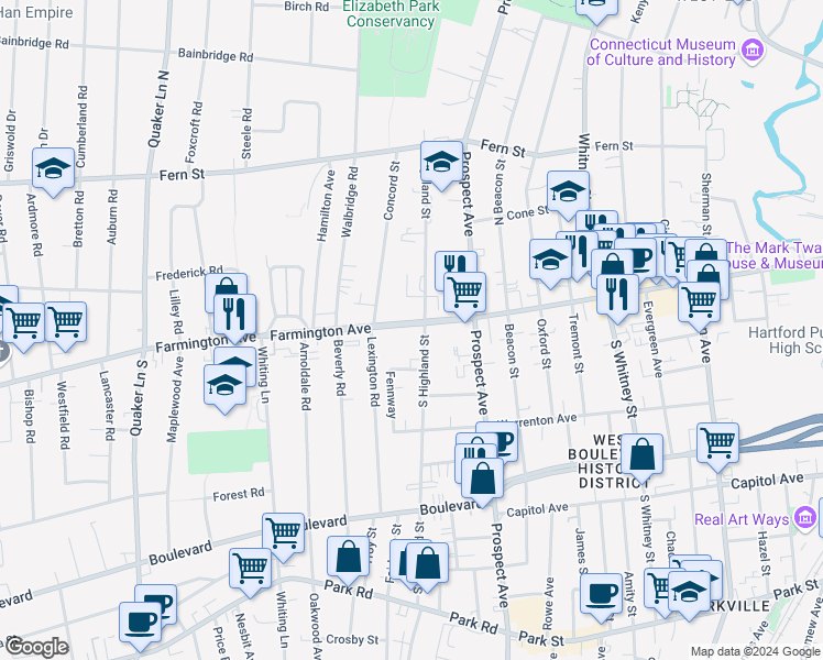 map of restaurants, bars, coffee shops, grocery stores, and more near 691 Farmington Avenue in West Hartford