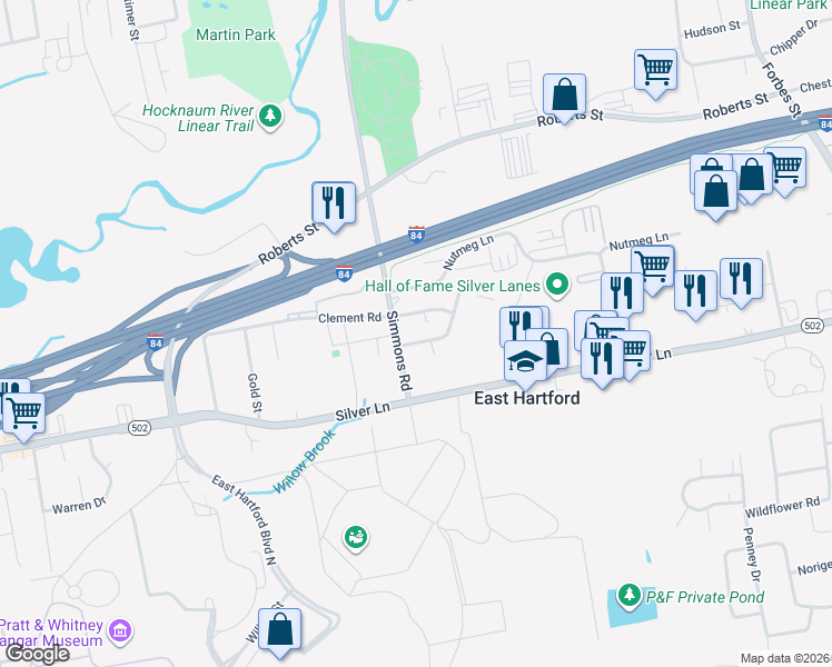 map of restaurants, bars, coffee shops, grocery stores, and more near 27 Cumberland Drive in East Hartford