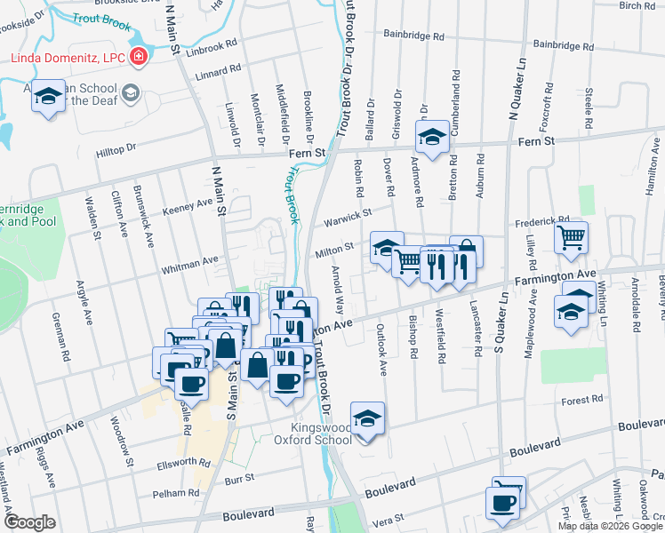 map of restaurants, bars, coffee shops, grocery stores, and more near 200 Milton Street in West Hartford