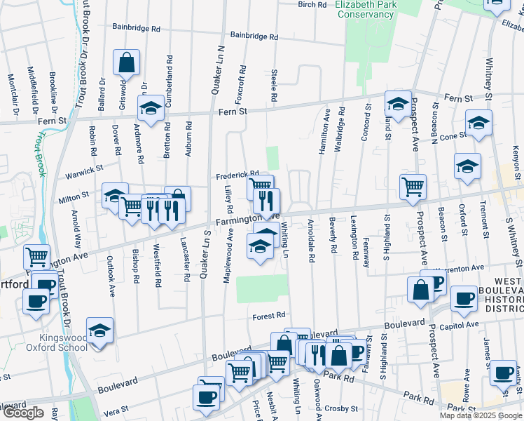map of restaurants, bars, coffee shops, grocery stores, and more near 28 Walkley Road in West Hartford
