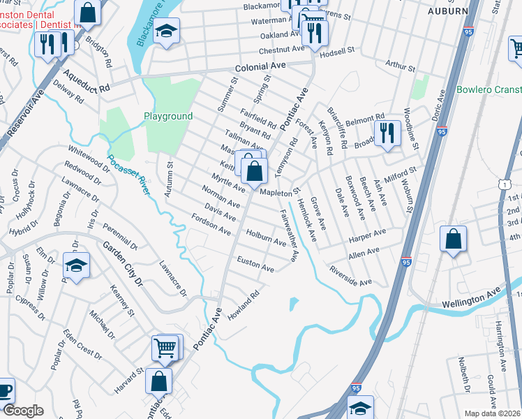 map of restaurants, bars, coffee shops, grocery stores, and more near 728 Pontiac Avenue in Cranston