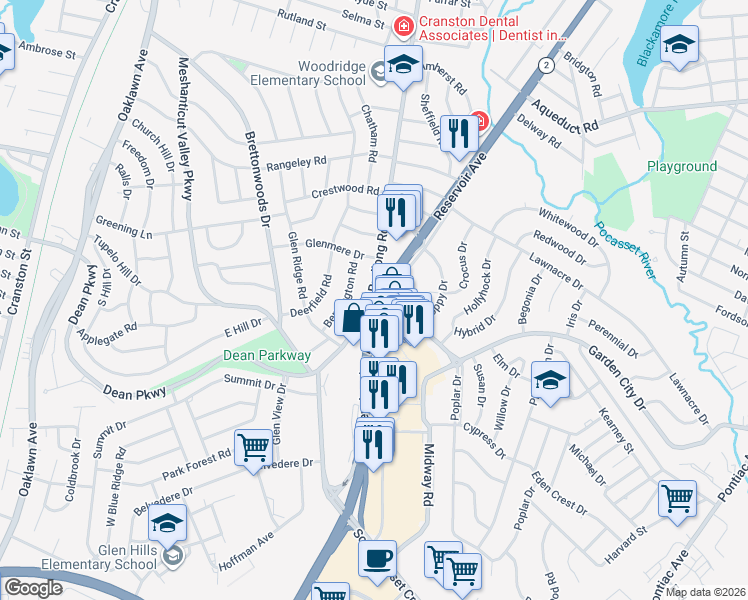 map of restaurants, bars, coffee shops, grocery stores, and more near 1285 Reservoir Avenue in Cranston