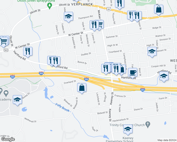 map of restaurants, bars, coffee shops, grocery stores, and more near 47 Bunce Drive in Manchester
