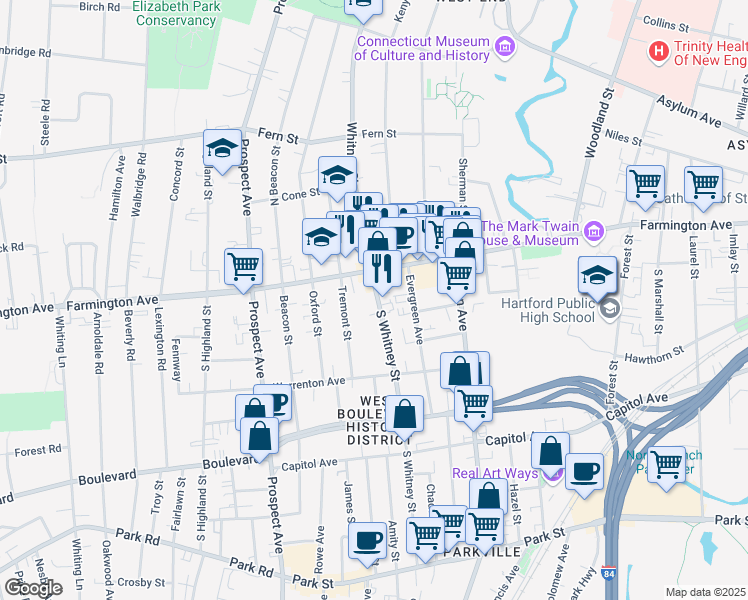 map of restaurants, bars, coffee shops, grocery stores, and more near 553 Farmington Avenue in Hartford