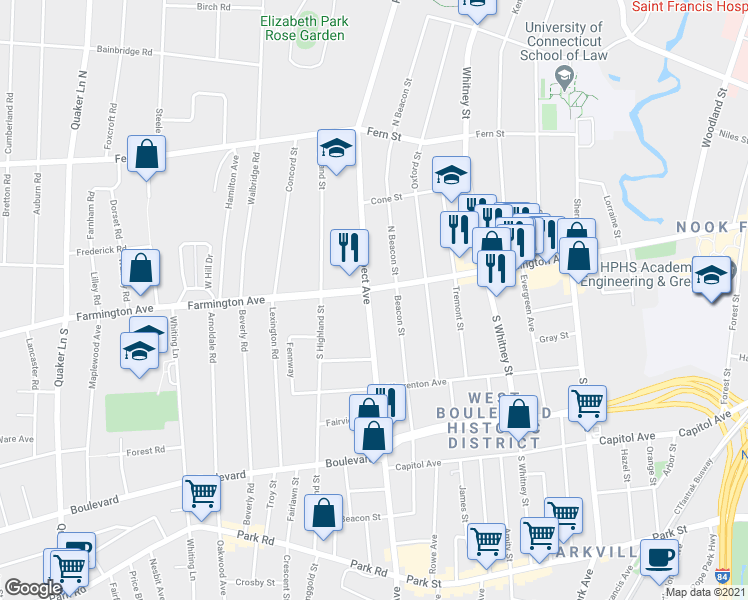 map of restaurants, bars, coffee shops, grocery stores, and more near 656 Farmington Avenue in Hartford