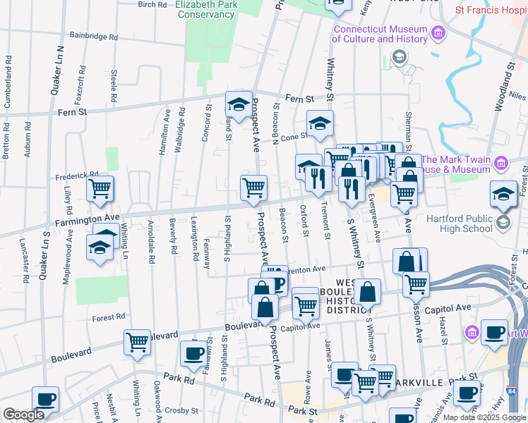 map of restaurants, bars, coffee shops, grocery stores, and more near 656 Farmington Avenue in Hartford