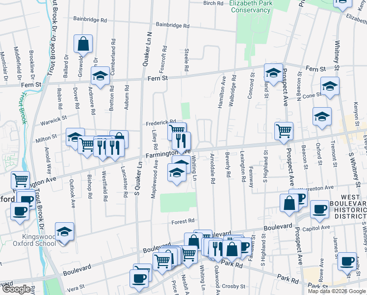 map of restaurants, bars, coffee shops, grocery stores, and more near 28 Walkley Road in West Hartford