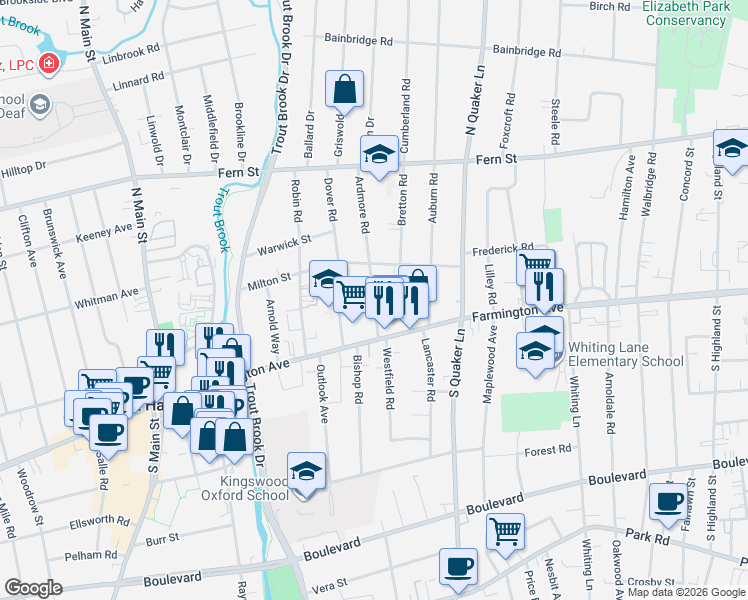 map of restaurants, bars, coffee shops, grocery stores, and more near 55 Ardmore Road in West Hartford