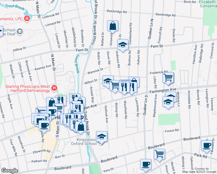 map of restaurants, bars, coffee shops, grocery stores, and more near 133A Milton Street in West Hartford