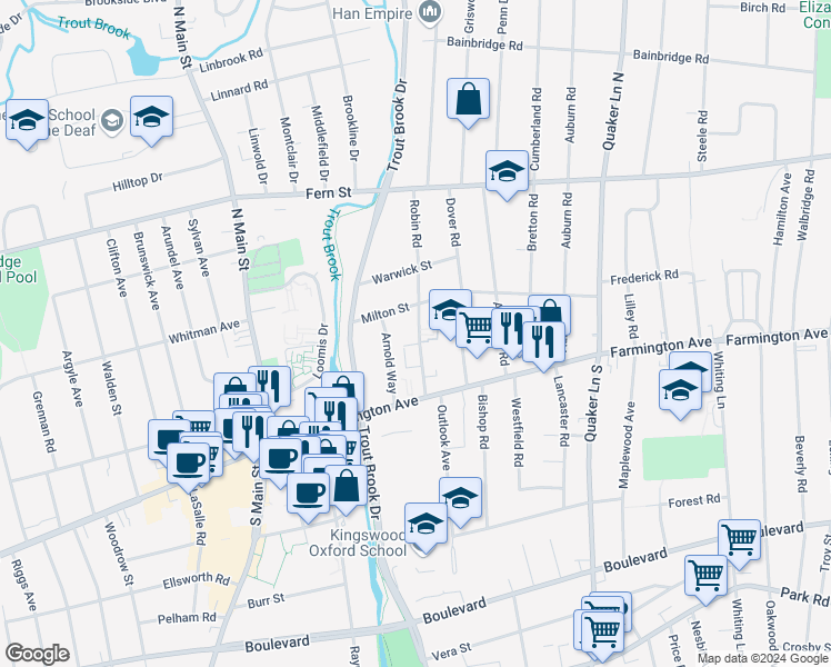 map of restaurants, bars, coffee shops, grocery stores, and more near 67 Robin Road in West Hartford