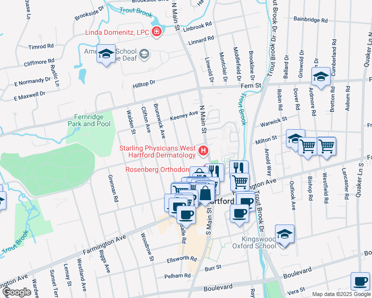 map of restaurants, bars, coffee shops, grocery stores, and more near 71 Sylvan Avenue in West Hartford