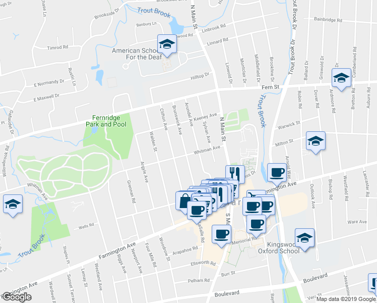 map of restaurants, bars, coffee shops, grocery stores, and more near 109 Arundel Avenue in West Hartford