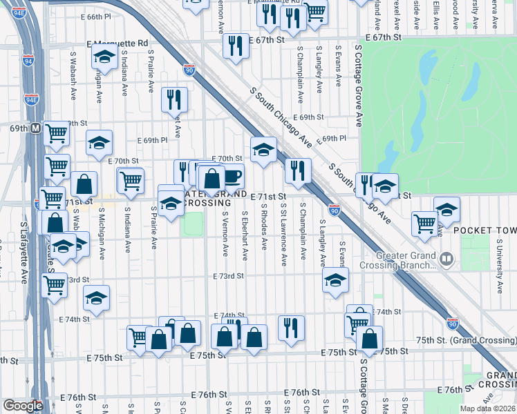 map of restaurants, bars, coffee shops, grocery stores, and more near 7056 South Rhodes Avenue in Chicago