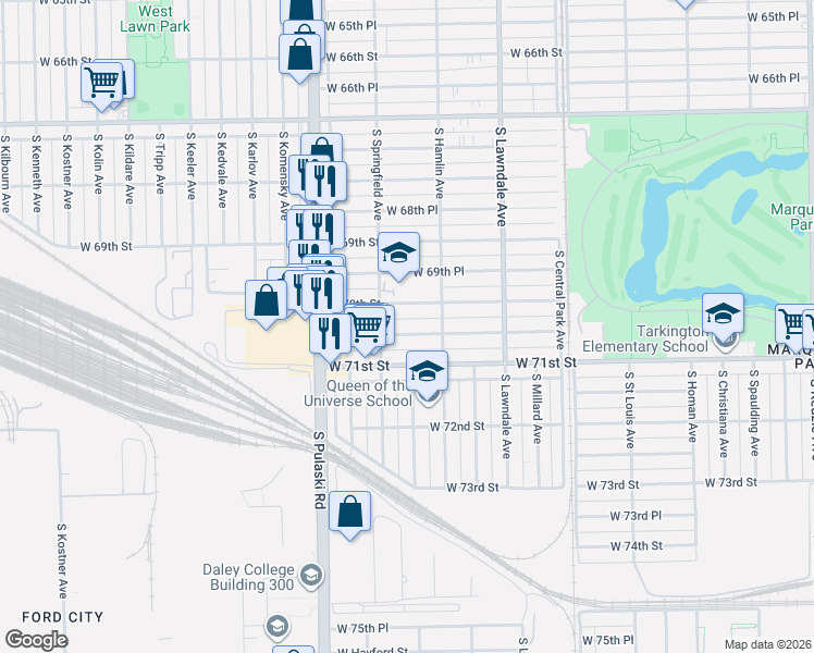map of restaurants, bars, coffee shops, grocery stores, and more near 3823 West 70th Street in Chicago