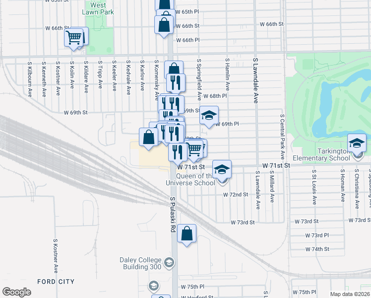 map of restaurants, bars, coffee shops, grocery stores, and more near 3938 West 70th Street in Chicago