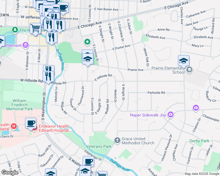 map of restaurants, bars, coffee shops, grocery stores, and more near 547 South Sleight Street in Naperville
