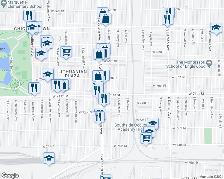 map of restaurants, bars, coffee shops, grocery stores, and more near 7041 South Claremont Avenue in Chicago