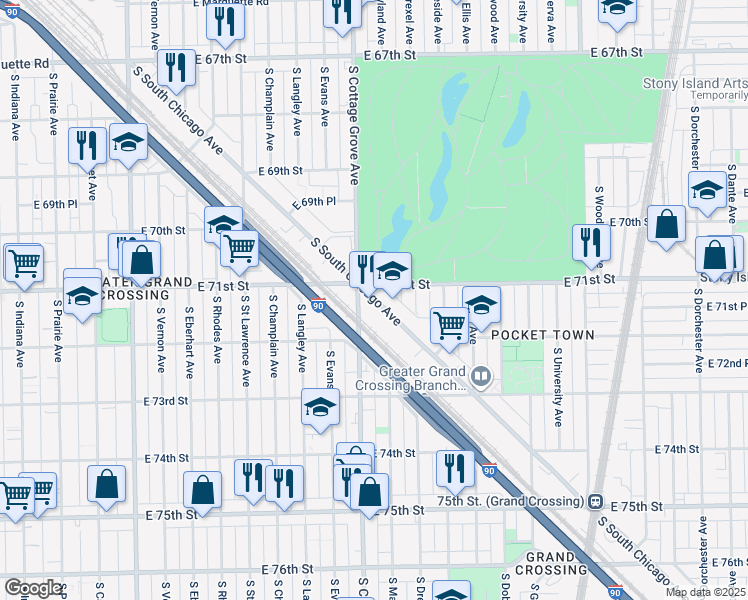 map of restaurants, bars, coffee shops, grocery stores, and more near 7131 South South Chicago Avenue in Chicago