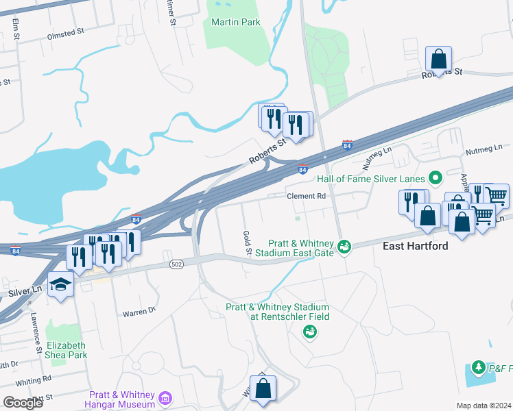 map of restaurants, bars, coffee shops, grocery stores, and more near 9 Echo Lane in East Hartford