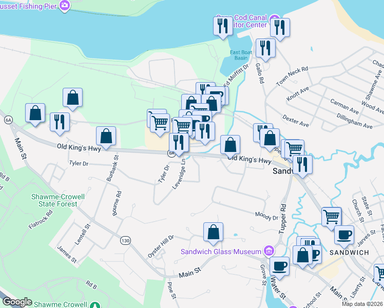 map of restaurants, bars, coffee shops, grocery stores, and more near 69 Massachusetts 6A in Sandwich