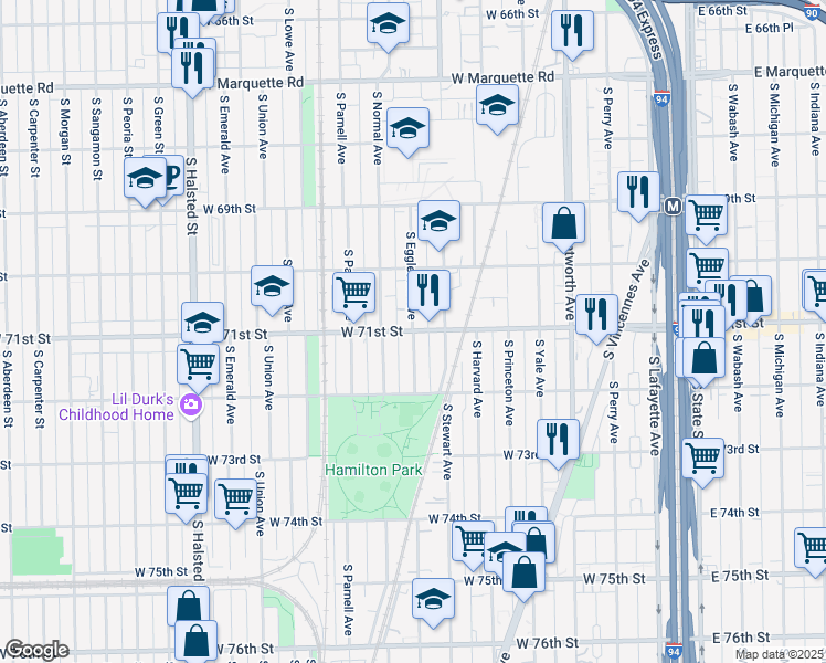 map of restaurants, bars, coffee shops, grocery stores, and more near West 71st Street & South Eggleston Avenue in Chicago