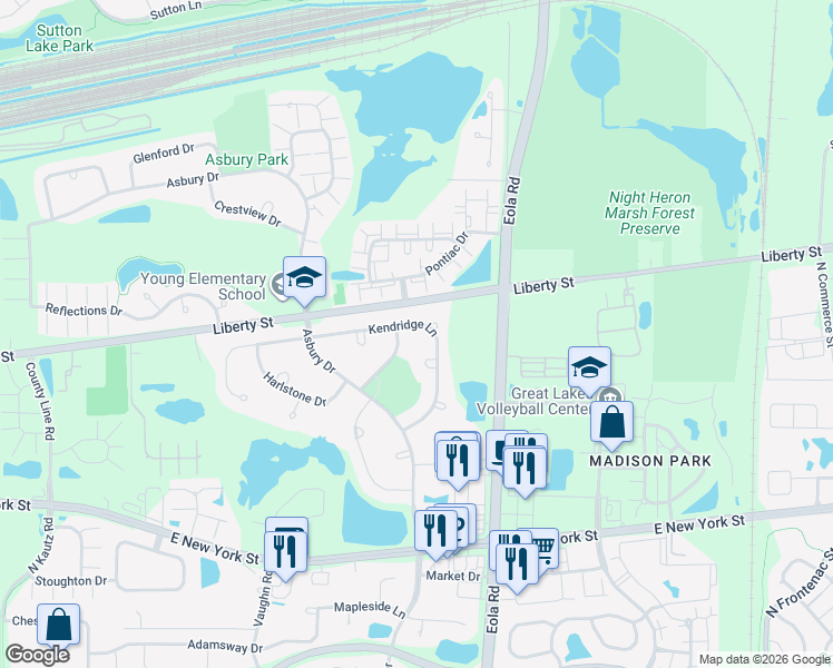 map of restaurants, bars, coffee shops, grocery stores, and more near 2808 Kendridge Lane in Aurora