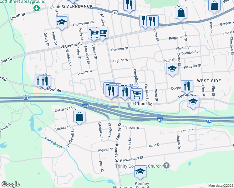 map of restaurants, bars, coffee shops, grocery stores, and more near McKee Street & Cooper Hill Street in Manchester