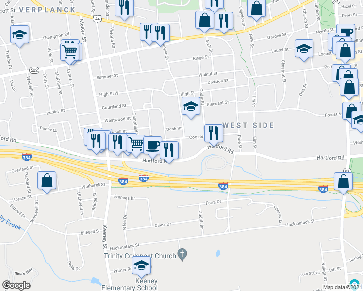 map of restaurants, bars, coffee shops, grocery stores, and more near 21 Goslee Drive in Manchester