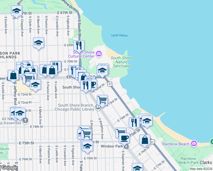 map of restaurants, bars, coffee shops, grocery stores, and more near 7125 South South Shore Drive in Chicago
