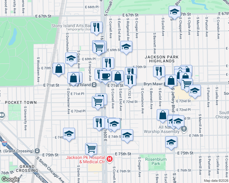 map of restaurants, bars, coffee shops, grocery stores, and more near 7100 South Cornell Avenue in Chicago