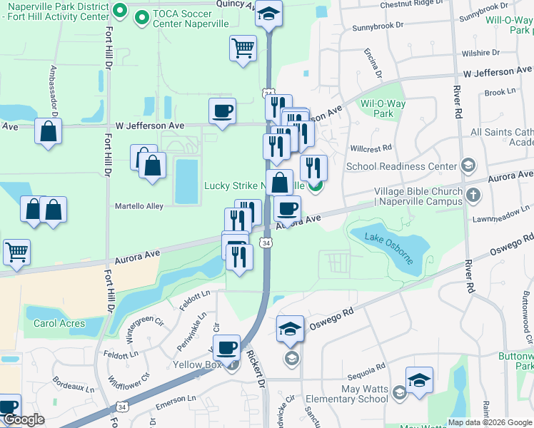 map of restaurants, bars, coffee shops, grocery stores, and more near 1601 West Ogden Avenue in Naperville